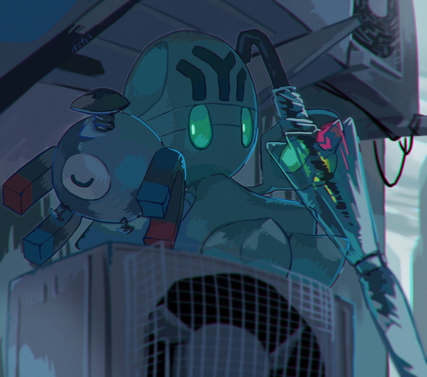 73sitimi, arm_up, closed_eyes, condenser_unit, elgyem, green_eyes, highres, magnemite