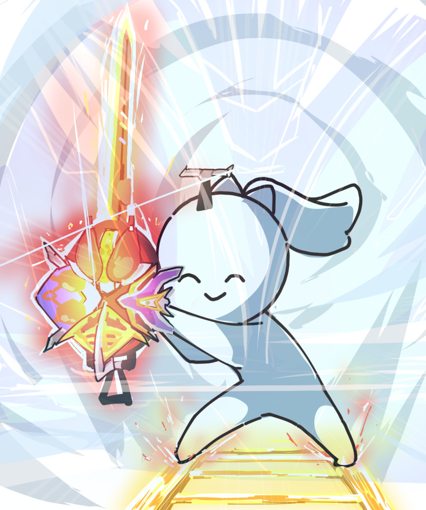 1girl, denkamen_sword, denliner, finishing_move, full_body, fumitonkatsu, hashtag-only_commentary, highres, holding, holding_sword, holding_weapon, kamen_rider, kamen_rider_den-o, kamen_rider_den-o_(liner_form), kamen_rider_den-o_(series), kazama_iroha, legs_apart, ponytail, railroad_tracks, smile, solo, sparkle, spread_legs, standing, sword, weapon