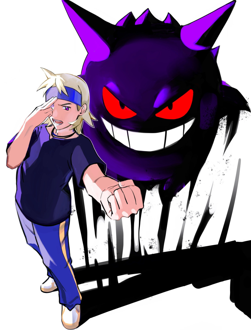 1boy, :o, absurdres, blonde_hair, blue_headband, blue_pants, clenched_hand, full_body, gengar, headband, highres, i1lli_1i2l, looking_at_viewer, male_focus, morty_(pokemon), open_mouth, pants, pokemon, pokemon_(creature), pokemon_gsc, purple_shirt, shirt, short_hair, short_sleeves, teeth