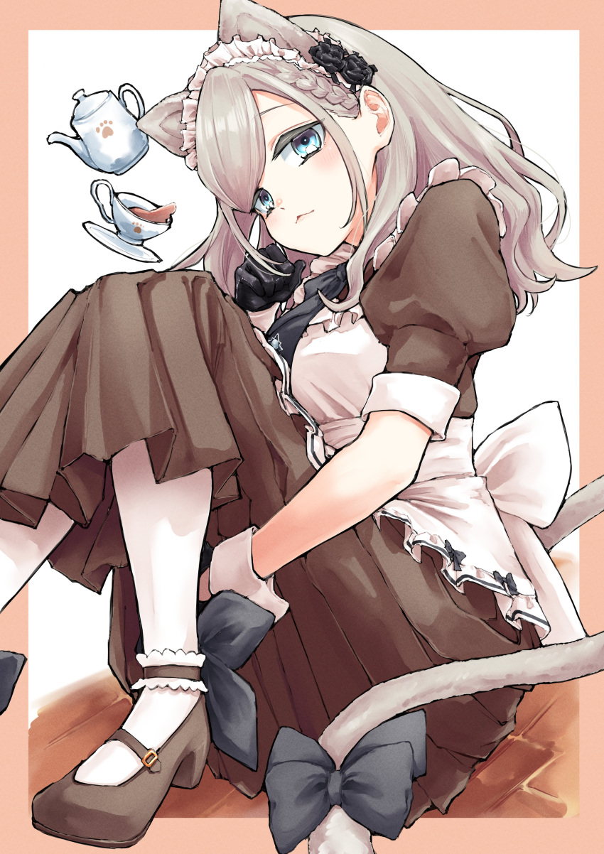 1girl, absurdres, animal_ears, apron, black_flower, blue_eyes, border, bow