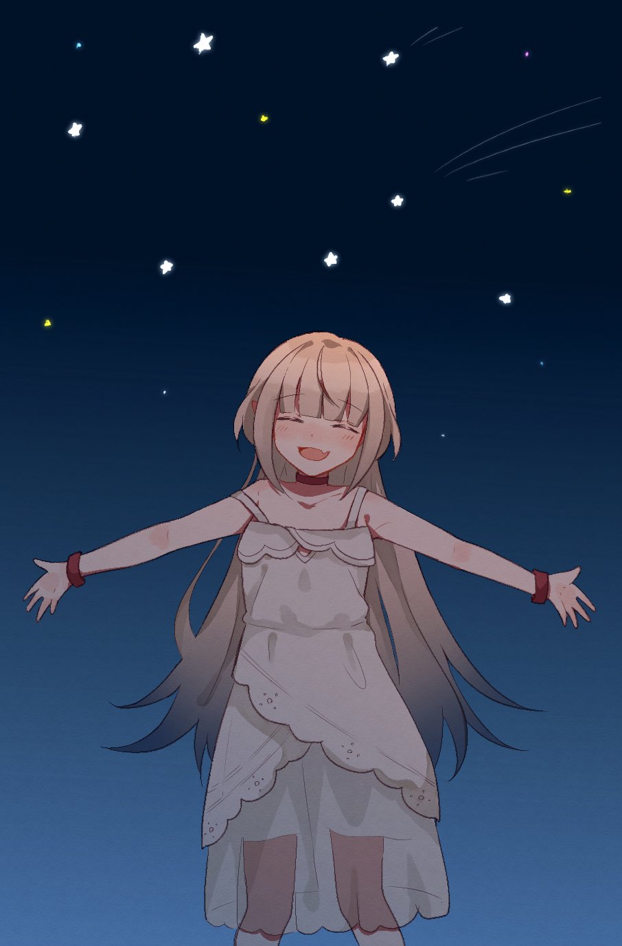 1girl, :d, bare_shoulders, blunt_bangs, blush, bracelet, closed_eyes, collar, collarbone, dress, fang, feet_out_of_frame, grey_hair, hair_down, highres, jewelry, lace_trim, long_hair, makaino_ririmu, makaino_ririmu_(3rd_costume), menudonmen, multicolored_hair, night, nijisanji, outstretched_arms, pointy_ears, red_collar, red_eyes, red_streaks, see-through_clothes, see-through_skirt, sidelocks, skin_fang, skirt, sky, sleeveless, sleeveless_dress, smile, solo, spread_arms, standing, star_(symbol), straight-on, straight_hair, strap_slip, streaked_hair, sundress, two-tone_hair, virtual_youtuber, white_dress