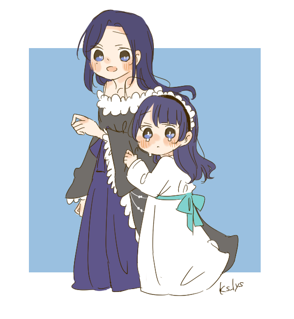 2girls, bare_shoulders, black_dress, black_shirt, blue_background, blue_eyes, blue_hair, blue_skirt, border, cho_toutoi_love~, commentary, crying, crying_with_eyes_open, curtained_hair, dress, kase_(ks_lys), link!_like!_love_live!, long_dress, long_skirt, love_live!, mole, mole_on_neck, mole_under_eye, multiple_girls, murano_sayaka, murano_tsukasa, off-shoulder_shirt, off_shoulder, official_alternate_costume, outside_border, parted_bangs, shirt, siblings, simple_background, sisters, skirt, tears, twitter_username, virtual_youtuber, white_border, white_dress