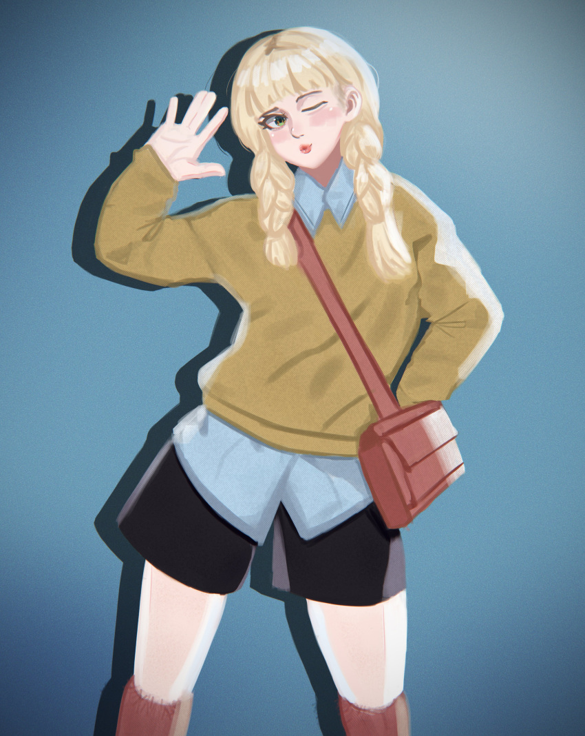 1girl, absurdres, bag, black_shorts, blonde_hair, blue_background, blue_shirt, braid, green_eyes, hand_on_own_hip, hand_up, highres, lips, long_hair, looking_at_viewer, low-braided_long_hair, low-tied_long_hair, low_twin_braids, one_eye_closed, original, pindoragon, red_bag, red_socks, self-upload, shirt, shorts, shoulder_bag, simple_background, socks, solo, solo_focus, sweater, twin_braids, yellow_sweater