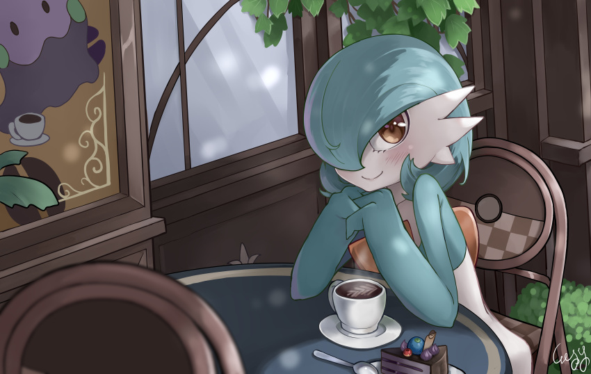 1girl, absurdres, alternate_color, artist_name, berry_(pokemon), blue_hair, blue_skin, blurry
