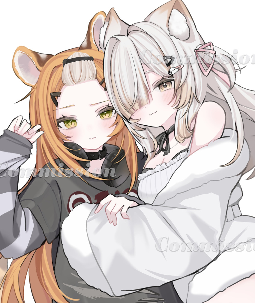 1girl, :3, absurdres, animal_ears, black_bra, black_collar, black_ribbon, black_shirt, blonde_hair, blush, bra, cat_ears, coat, collar, colored_tips, cuddling, cweamcat, dog_hair_ornament, fang, green_eyes, grey_shirt, hair_ornament, hair_over_one_eye, hairclip, hand_on_another's_arm, hand_up, headphones, headphones_around_neck, highres, hug, indie_virtual_youtuber, jacket, long_hair, looking_at_viewer, moofie_(vtuber), multicolored_hair, neck_ribbon, orange_hair, pink_ribbon, pout, ribbon, shirt, skin_fang, sleeveless, sleeveless_shirt, solo, star_(symbol), striped_clothes, striped_shirt, tiger_ears, tiger_girl, torn_clothes, torn_shirt, underwear, virtual_youtuber, white_background, white_coat, white_hair, white_shirt, yellow_eyes