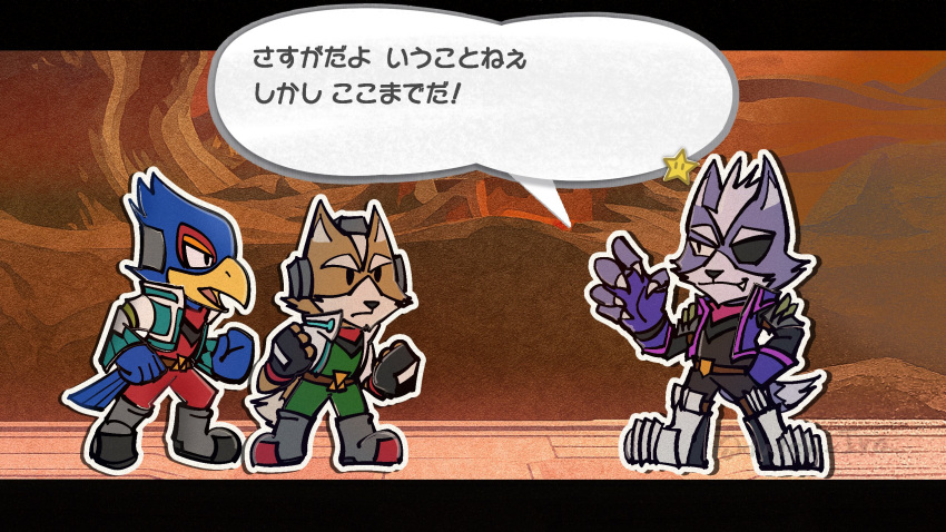 3boys, animal_ears, beak, bird_boy, black_pants, black_shirt, blue_feathers, brown_fur, claws, closed_mouth, commentary_request, dutch_ira, eyepatch, falco_lombardi, fang, fang_out, feathers, fingerless_gloves, fox_boy, fox_ears, fox_mccloud, fox_tail, furry, furry_male, gloves, green_pants, green_shirt, grey_fur, hand_in_pocket, highres, jacket, looking_at_another, male_focus, multiple_boys, one_eye_covered, open_mouth, pants, paper_mario, purple_vest, red_pants, red_shirt, shirt, smile, speech_bubble, star_fox, super_mario_bros., super_smash_bros., tail, translation_request, vest, white_jacket, wolf_boy, wolf_ears, wolf_o'donnell, wolf_tail