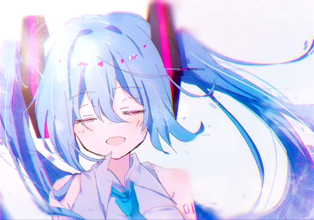 1girl, arm_tattoo, bare_shoulders, blue_hair, blush, closed_eyes, fireworks, glitch, hair_between_eyes, hair_ornament, hatsune_miku, long_hair, music, necktie, number_tattoo, open_mouth, pink_tattoo, shirt, simple_background, singing, sleeveless, solo, tagme, tattoo, twintails, uyu075, vocaloid, white_background, white_shirt