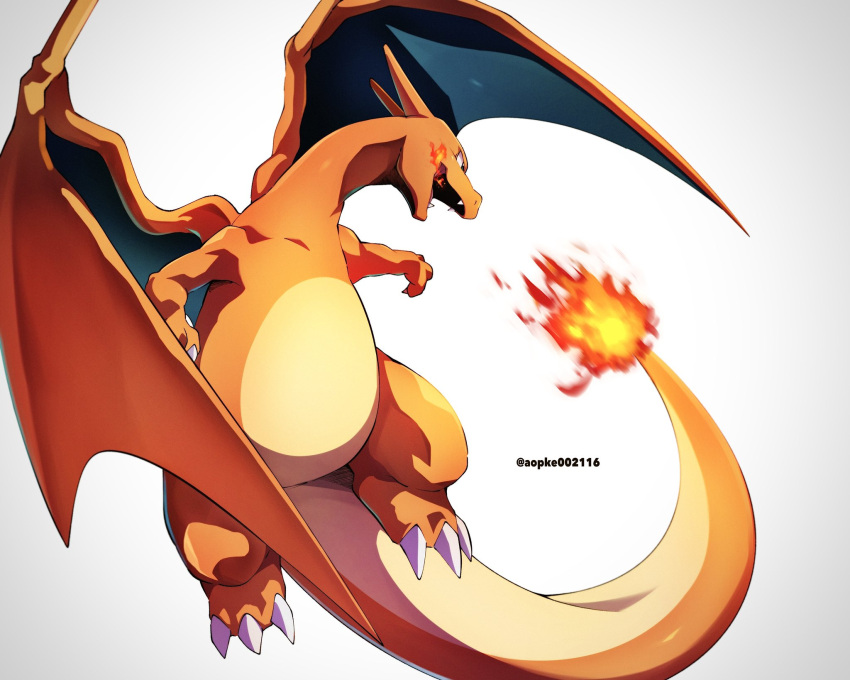 aobi_3814, charizard, claws, colored_skin, dragon_wings, fangs, fire, flying