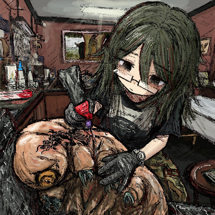 1girl, black_hair, bubbacterial, counter, glasses, gloves, hair_between_eyes, highres, indoors, mirror, original, shirt, t-shirt, tardigrade, tattoo, watch