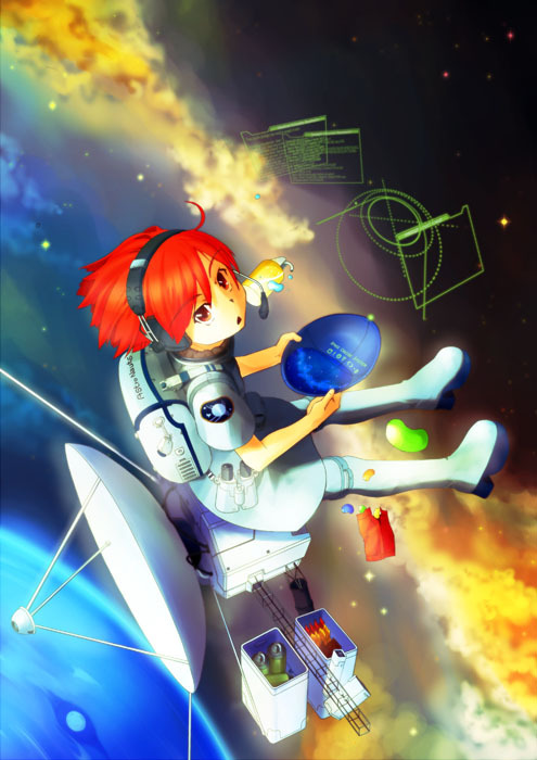 1girl, astronaut, binoculars, boots, can, candy, commentary_request, deep_space_probe