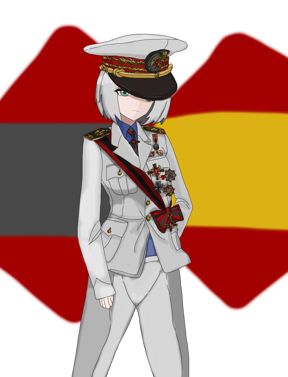 1girl, bird, cross, eagle, falangies, gold_medal, green_eyes, hat, highres, iron_cross, keibu_sensei_(sbk), medal, military_hat, military_uniform, nazi, non-web_source, original, red_sash, sash, short_hair, spain, spanish_falange, white_hair