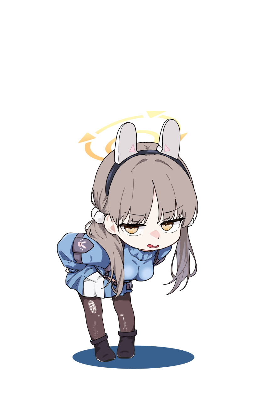 1girl, 686panda, absurdres, black_boots, blue_archive, blue_skirt, blue_sweater, boots