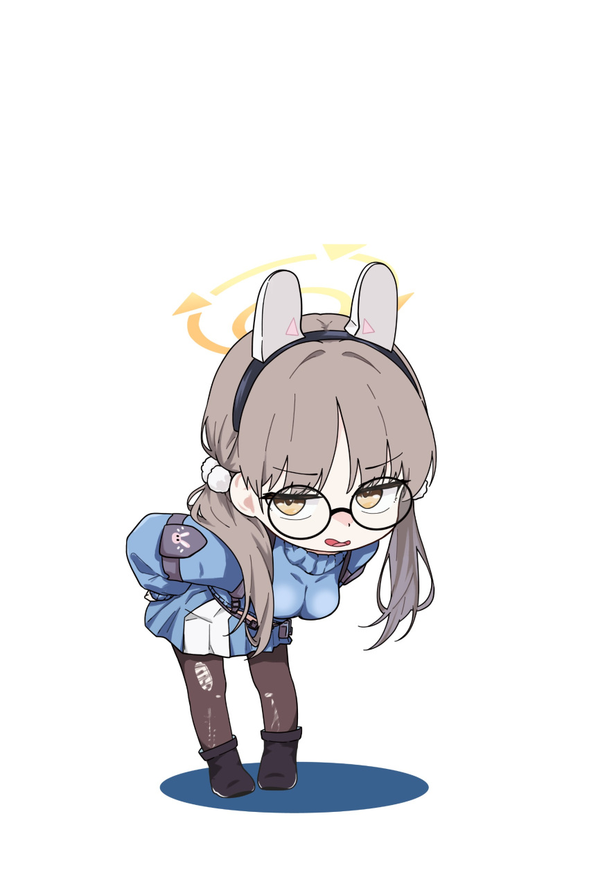 1girl, 686panda, absurdres, black-framed_eyewear, black_boots, blue_archive, blue_skirt, blue_sweater