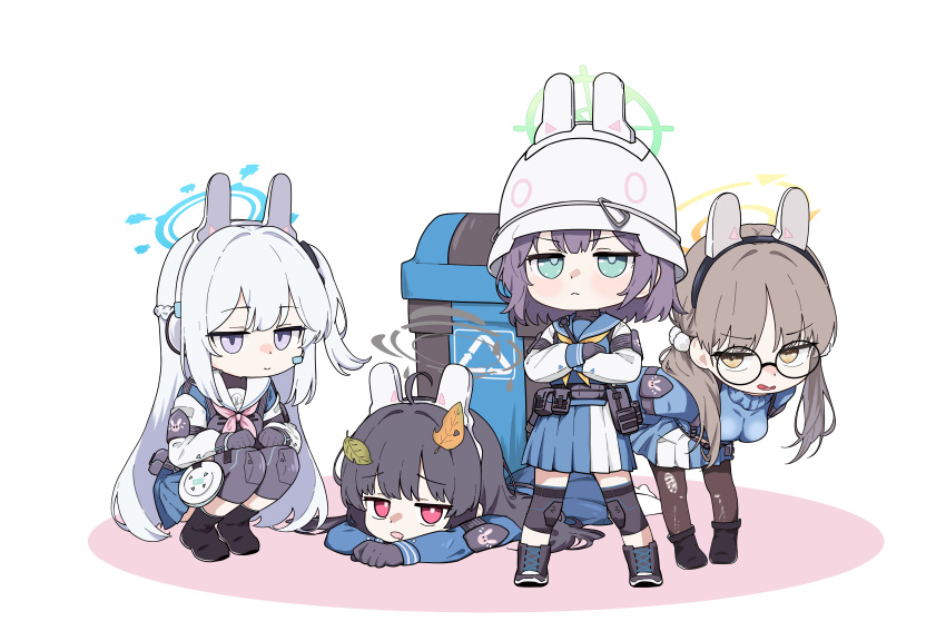 4girls, 686panda, absurdres, ahoge, black-framed_eyewear, black_boots, black_bow, black_gloves