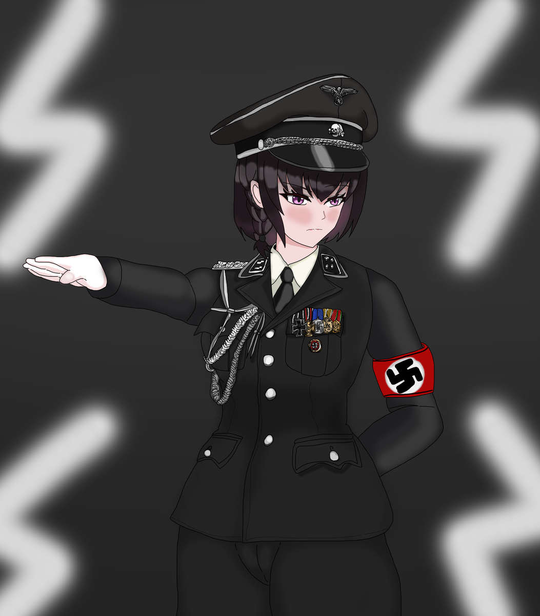 1girl, collar_tabs, cross, germany, hand_on_own_hip, highres, insignia, iron_cross