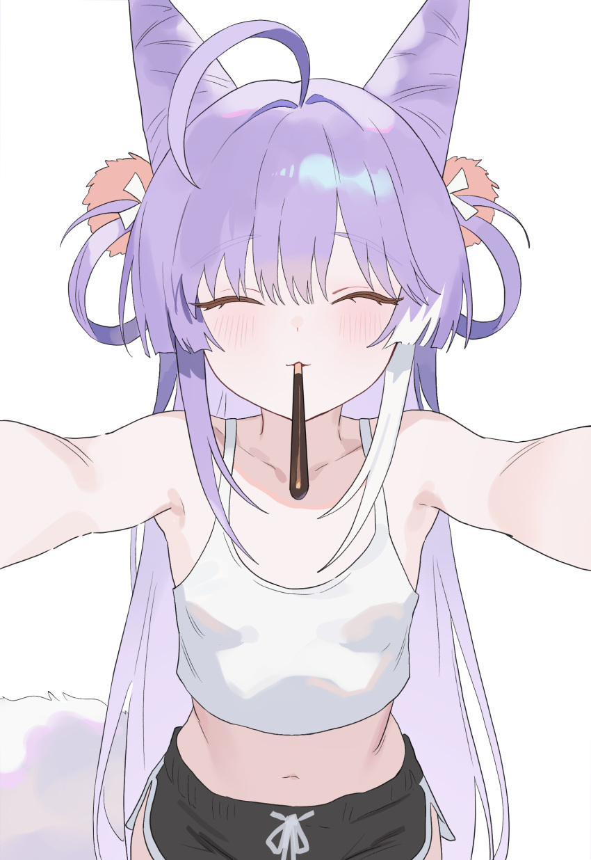 1girl, absurdres, ahoge, bare_arms, bare_shoulders, blush, closed_eyes, commentary_request, cone_hair_bun, crop_top, dolphin_shorts, drawstring, flat_chest, food, food_in_mouth, fox_tail, hair_bun, hair_ornament, hair_rings, highres, long_hair, midriff, multicolored_hair, navel, nbee_ya, pocky, pocky_in_mouth, pom_pom_(clothes), pom_pom_hair_ornament, purple_hair, shirt, short_shorts, shorts, simple_background, sleeveless, sleeveless_shirt, solo, stellive, stomach, streaked_hair, tail, tenko_shibuki, thighs, upper_body, very_long_hair, virtual_youtuber, white_background, white_hair, white_shirt, white_streaks