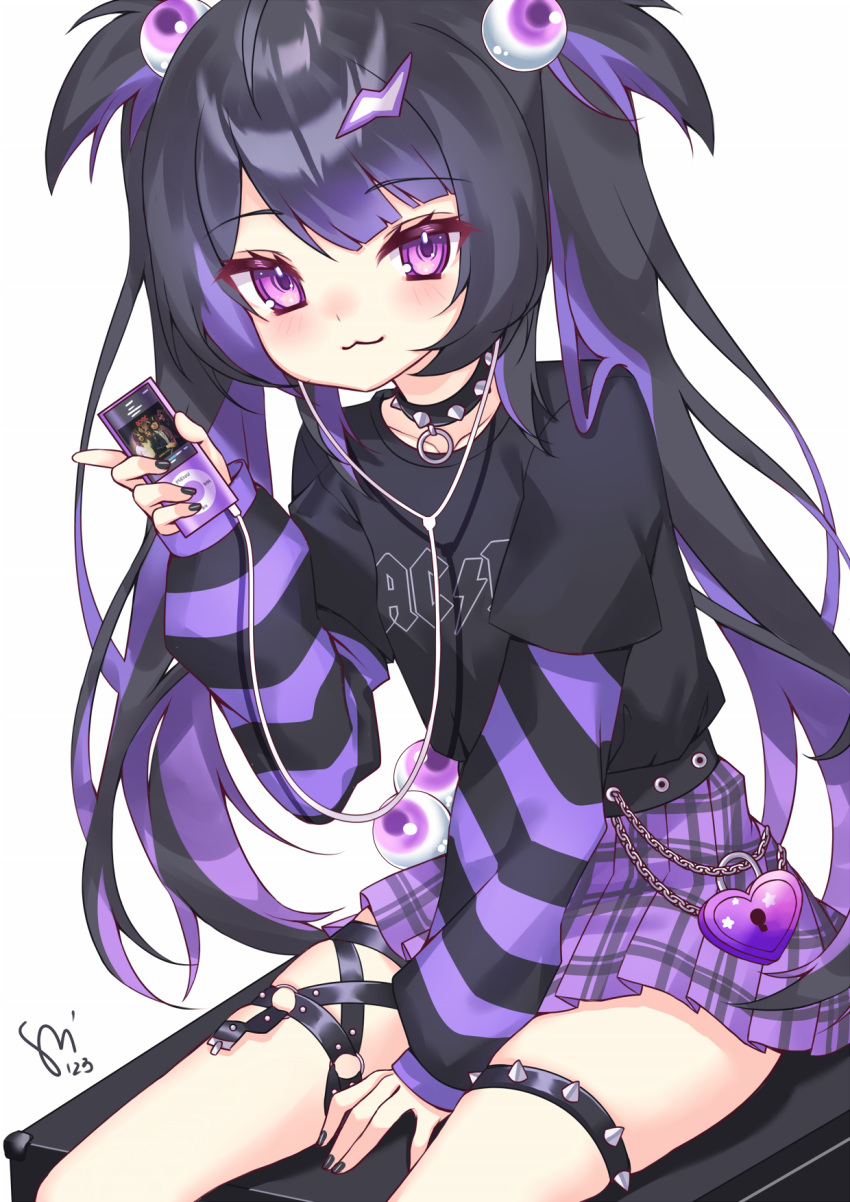 1girl, :3, ac/dc, band_shirt, black_choker, black_hair, black_nails, black_shirt, blush, chain, choker, chromashift, closed_mouth, commentary_request, dated, digital_media_player, earphones, earphones, eye_hair_ornament, eyelashes, fingernails, hair_ornament, highres, holding_digital_media_player, ipod, lightning_bolt_hair_ornament, lightning_bolt_symbol, lock, long_hair, merchandise, multicolored_hair, nail_polish, plaid_clothes, plaid_skirt, purple_hair, purple_skirt, roca_rourin, shirt, signature, simple_background, sitting, skirt, smile, solo, spiked_choker, spikes, striped_sleeves, thigh_strap, twintails, two-tone_hair, violet_eyes, virtual_youtuber, watashishi, white_background