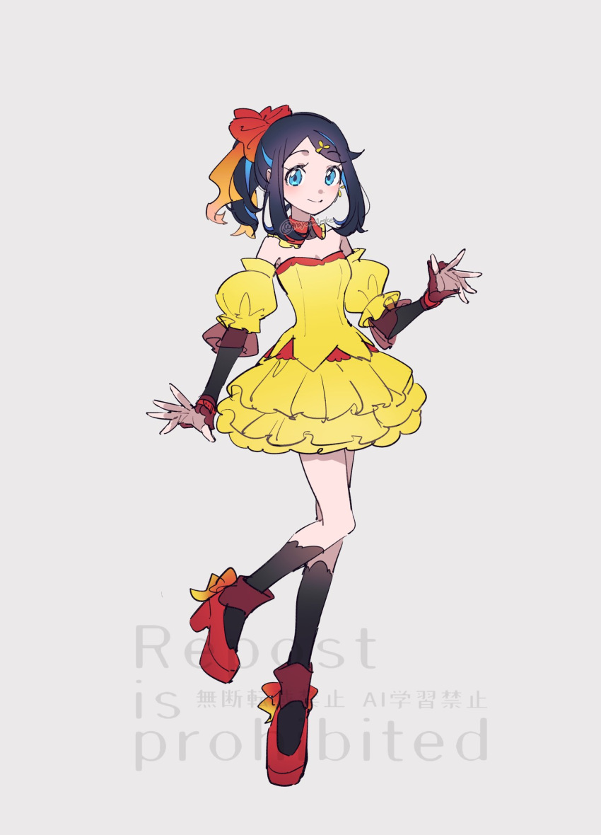 1girl, black_hair, black_socks, blue_eyes, blue_hair, colored_inner_hair, commentary_request, detached_sleeves