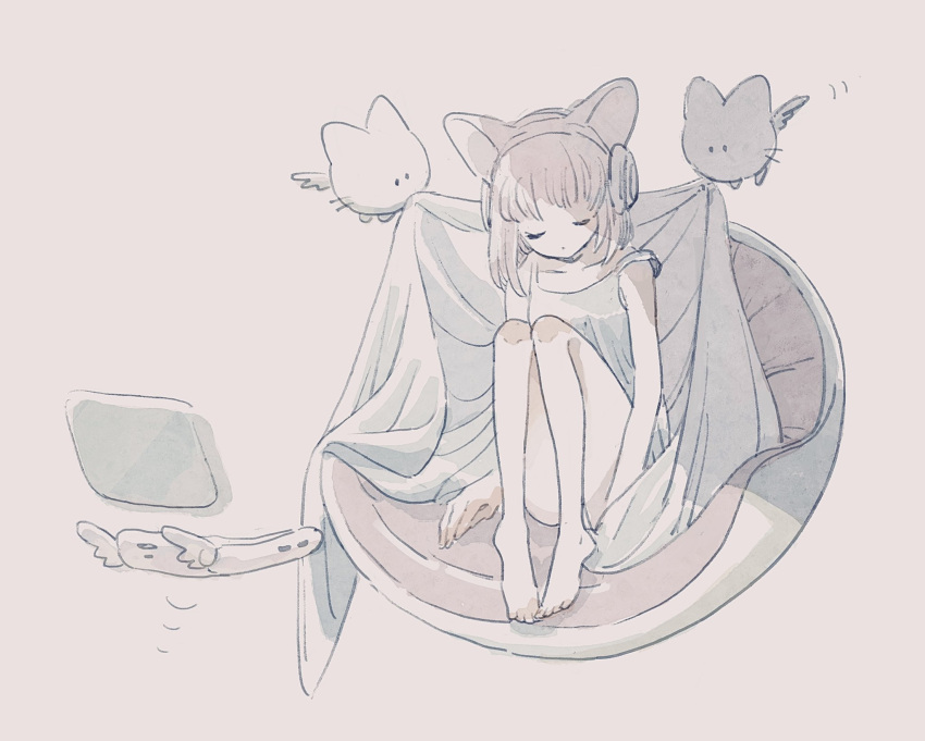 1girl, animal_ear_headphones, animal_ears, barefoot, blanket, closed_eyes, closed_mouth, collarbone
