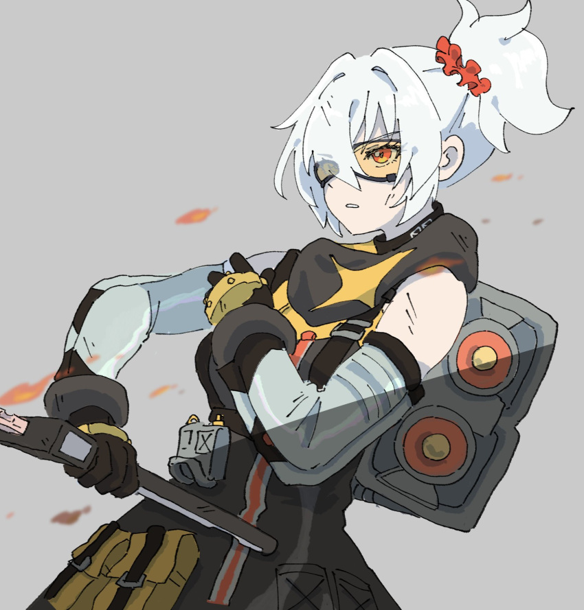 1girl, black_dress, black_gloves, dress, from_side, gloves, goggles, grey_background, grey_sleeves, hair_up, highres, holding, holding_sword, holding_weapon, looking_ahead, netsu_0716, parted_lips, red_eyes, sleeveless, sleeveless_dress, soldier_11_(zenless_zone_zero), solo, sword, tinted_eyewear, upper_body, weapon, white_hair, zenless_zone_zero