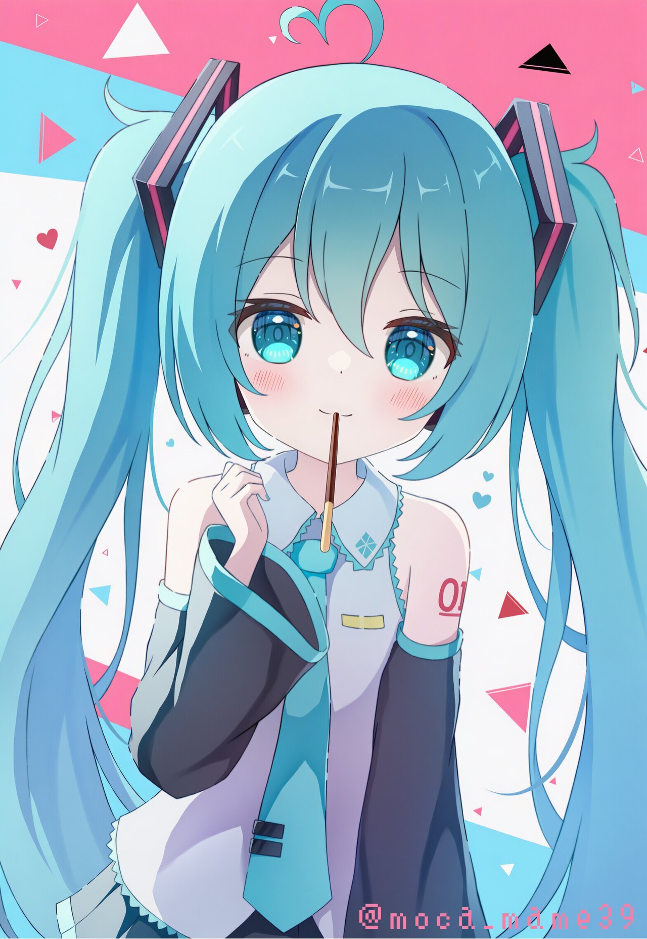 1girl, ahoge, arm_up, black_skirt, black_sleeves, blue_eyes, blue_hair, blue_nails
