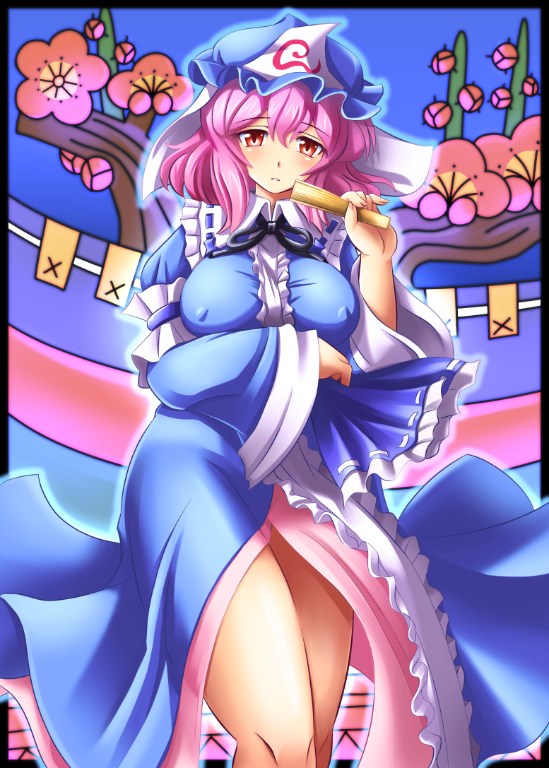 breasts, erect_nipples, hanafuda, hat, japanese_clothes, large_breasts, legs, outside_of_border