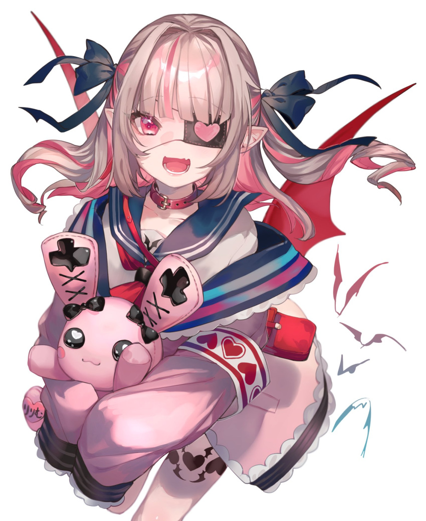 1girl, armband, bag, bat_(animal), belt_collar, blue_ribbon, blue_sailor_collar, blush