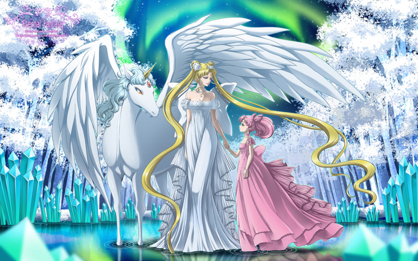age_difference, aqua_background, bishoujo_senshi_sailor_moon, blonde_hair, bow, chibi_usa, child, choker