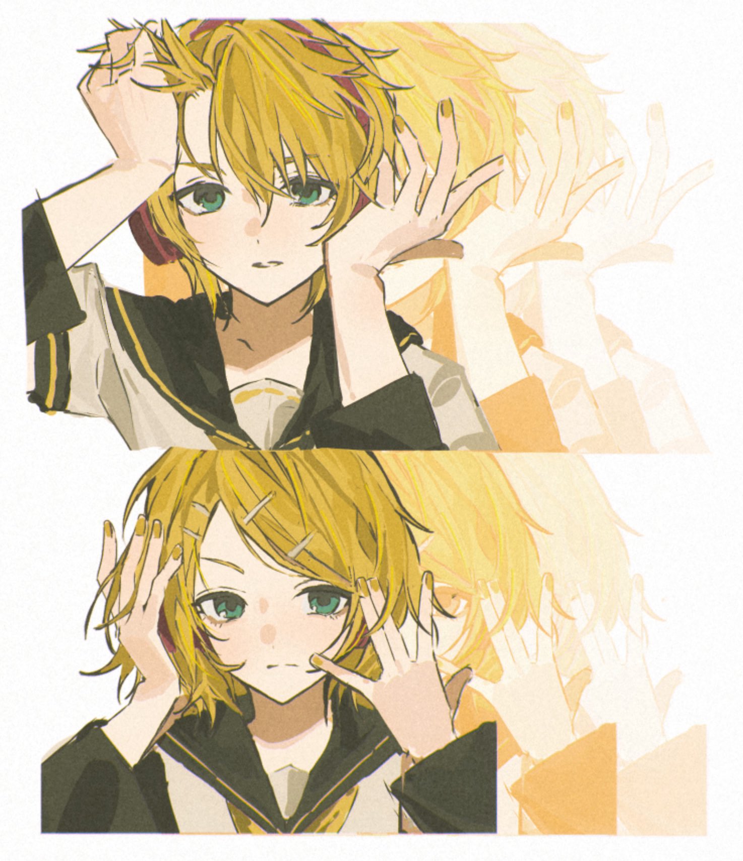 1boy, 1girl, black_sailor_collar, blonde_hair, border, eoldang1, frown, green_eyes