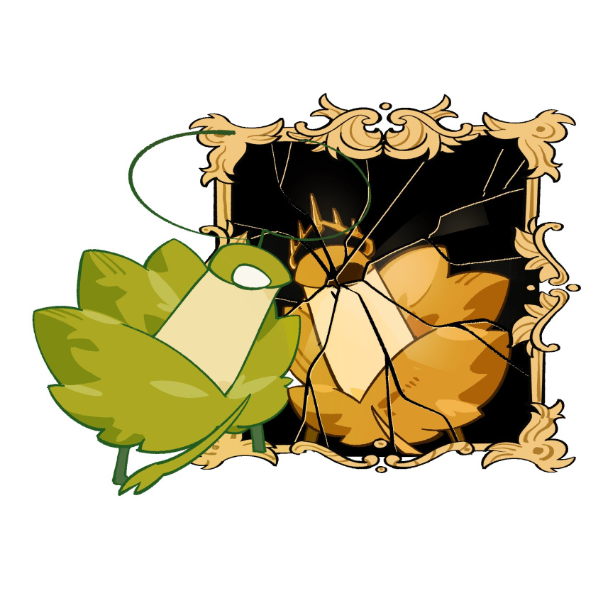 1boy, 1other, antennae, arthropod_boy, blank_eyes, broken_mirror, cogwork_dancers_(hollow_knight), crack