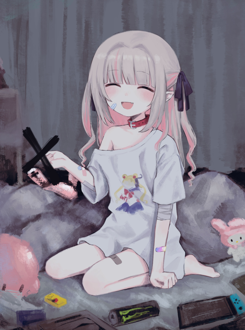 1girl, alternate_costume, bandaged_arm, bandages, bandaid, bandaid_on_arm, bandaid_on_face, bandaid_on_thigh