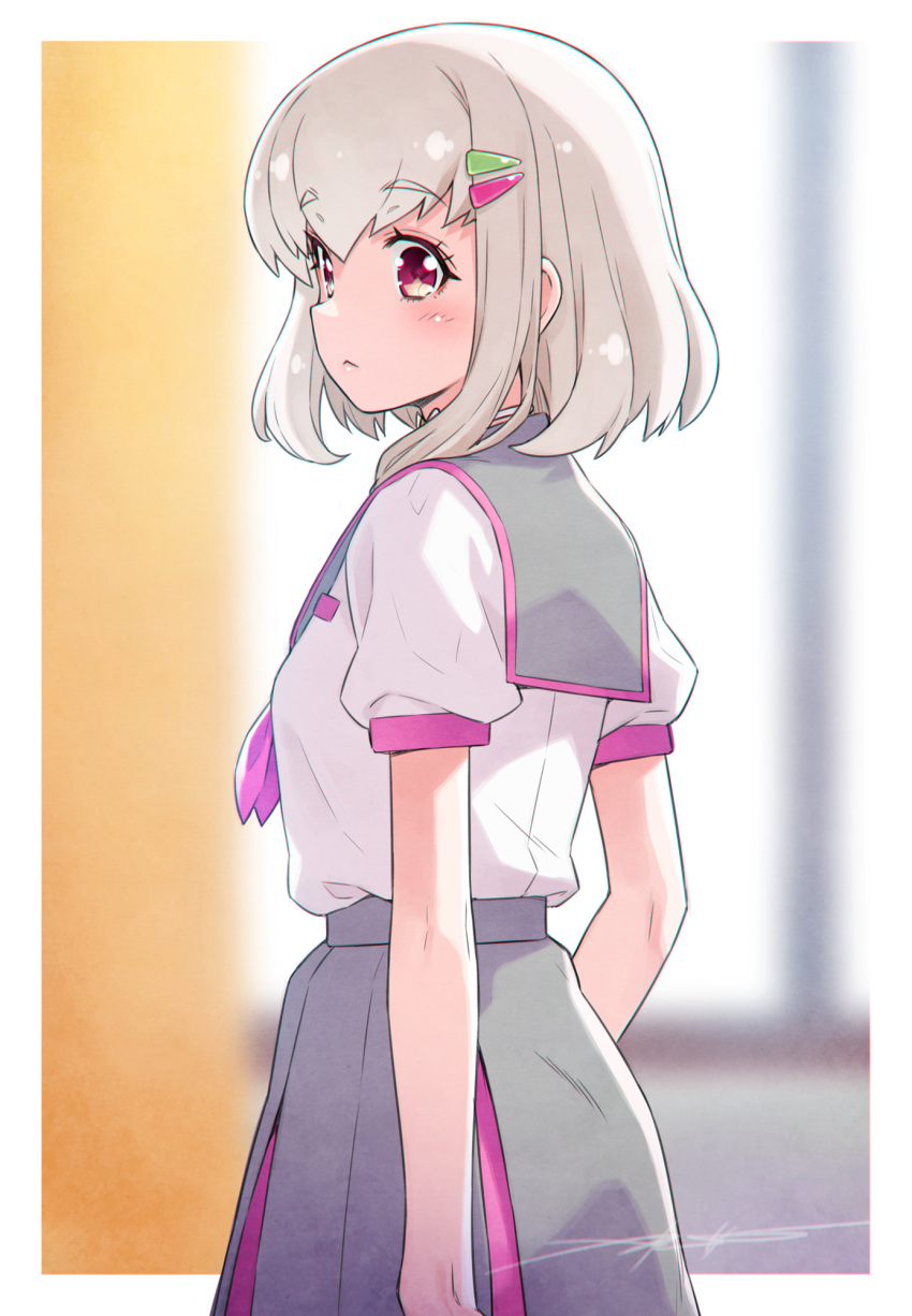 1girl, :<, blurry, blurry_background, border, breasts, closed_mouth, commentary_request