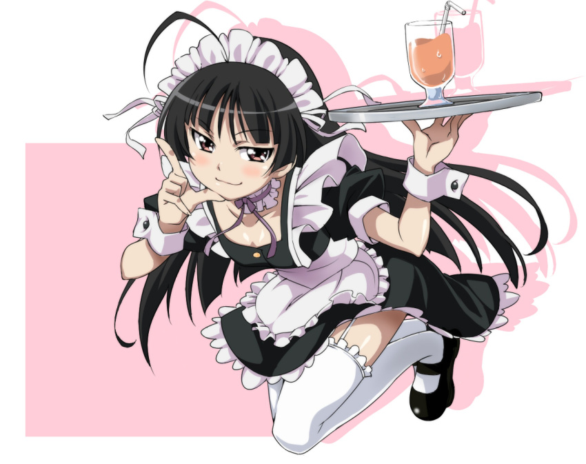 ahoge, alternate_costume, apron, bad_id, black_hair, bow, frills, garter_straps