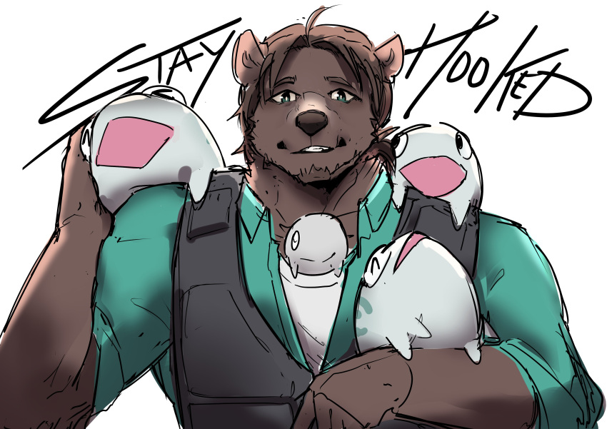 1boy, 47fuse, absurdres, black_vest, bonnivier_pranaja, brown_hair, english_commentary, english_text, furrification, furry, furry_male, green_eyes, green_shirt, highres, looking_at_viewer, male_focus, nijisanji, nijisanji_id, shirt, smile, upper_body, vest, white_background