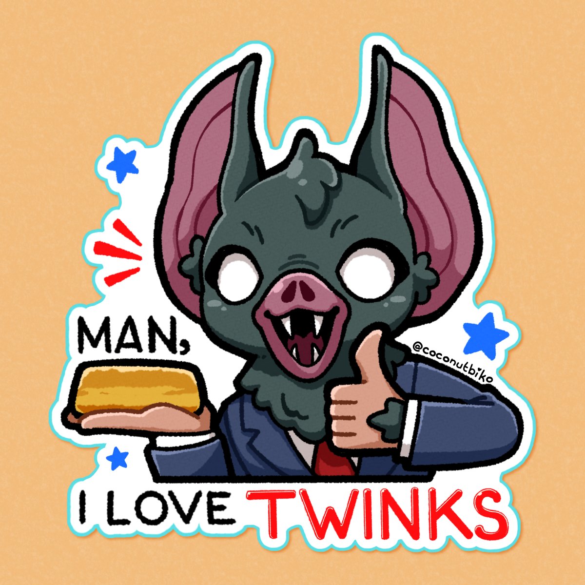 1boy, animal_ears, bat_boy, bat_ears, blue_suit, coconutbiko, dispatch, english_commentary, english_text, fangs, food, highres, holding, holding_food, male_focus, necktie, open_mouth, red_necktie, shirt, smile, sonar_(dispatch), star_(symbol), suit, thumbs_up, twinkies, upper_body, white_shirt