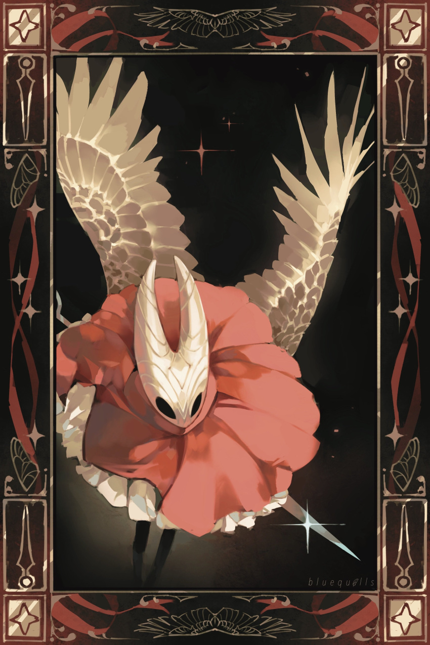 1girl, absurdres, arthropod_girl, black_eyes, black_skin, bluequills, cloak, colored_skin, feathers, full_body, highres, hollow_eyes, hollow_knight, hollow_knight:_silksong, horned_mask, hornet_(hollow_knight), horns, mask, needle_(hollow_knight), red_cloak, solo, sparkle, weapon, white_feathers, white_mask, white_wings, wings