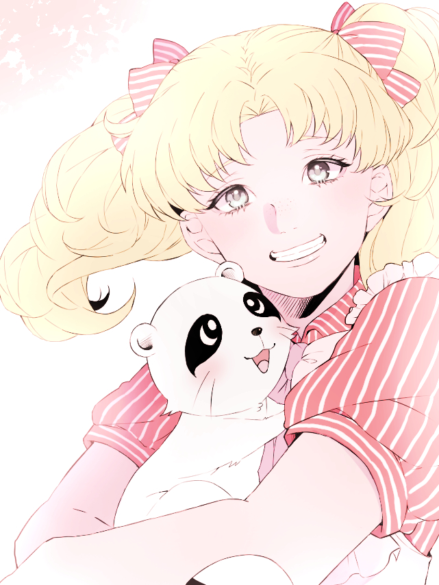 1girl, blonde_hair, bow, character_request, copyright_request, grey_eyes, grin, hair_bow
