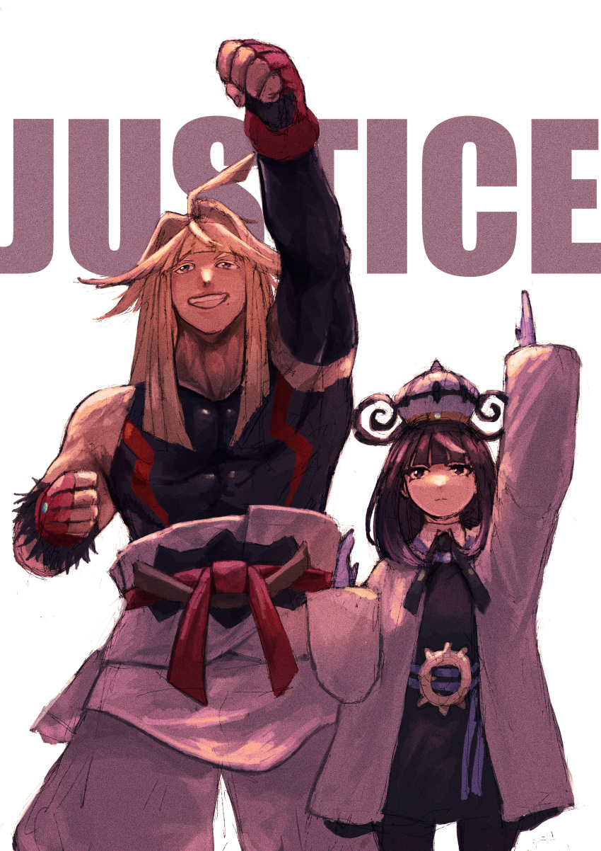 1boy, 1girl, absurdres, arm_up, belt, belt_buckle, black_dress, black_eyes