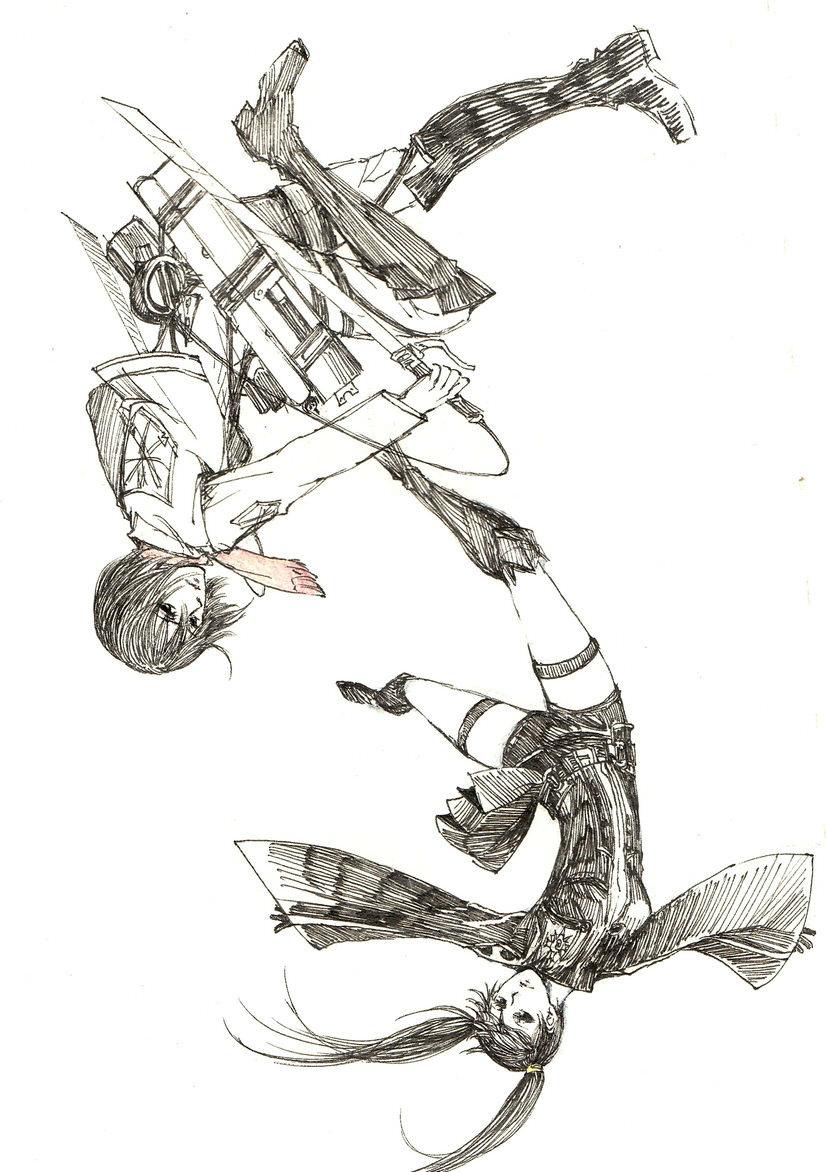 2girls, armored_boots, belt, black_belt, black_boots, black_gloves, black_hair, black_jacket, black_order_uniform, black_shorts, black_skirt, bob_cut, boots, commentary, cross, crossover, d.gray-man, emblem, facing_viewer, floating, floating_clothes, floating_hair, gloves, greyscale, hair_between_eyes, hair_ornament, hairclip, holding, holding_sword, holding_weapon, jacket, lenalee_lee, limited_palette, lokisora, long_hair, long_sleeves, looking_at_viewer, mikasa_ackerman, miniskirt, monochrome, multiple_girls, outstretched_arms, pants, paradis_military_uniform, parted_bangs, red_scarf, scarf, shingeki_no_kyojin, short_hair, shorts, sidelocks, simple_background, skirt, striped_clothes, striped_jacket, survey_corps, survey_corps_(emblem), sword, thigh_strap, thighs, three-dimensional_maneuver_gear, twintails, upside-down, vertical-striped_clothes, vertical-striped_jacket, very_long_hair, weapon, white_background, wide_sleeves