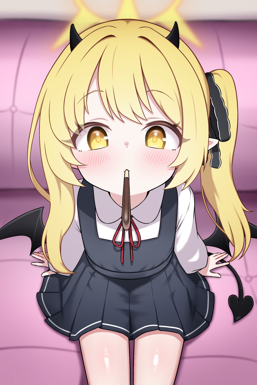 1girl, absurdres, black_dress, black_horns, black_tail, black_wings, blonde_hair, blue_archive