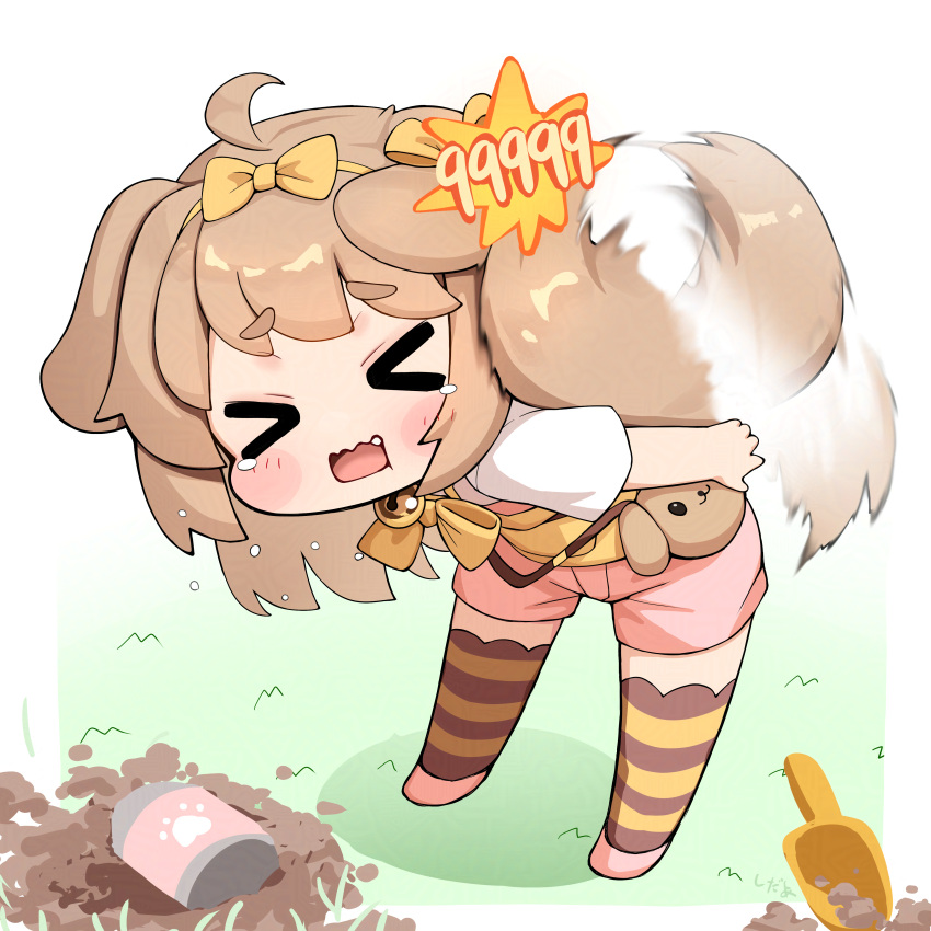 >_<, 1girl, absurdres, ahoge, animal_ears, brown_hair, butter_(trickcal), cedar_(cedar_japonica)