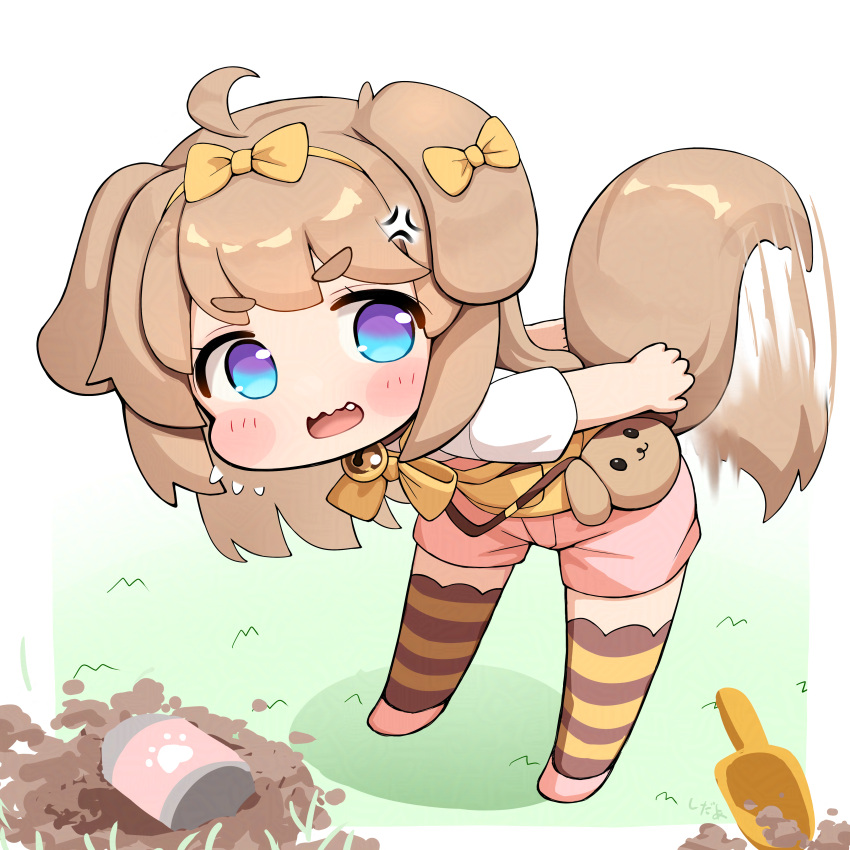 1girl, absurdres, anger_vein, animal_ears, blue_eyes, bow, brown_hair, butter_(trickcal), cedar_(cedar_japonica), chibi, dog_ears, dog_girl, dog_tail, highres, shirt, shorts, solo, striped_clothes, striped_thighhighs, tail, thigh-highs, trickcal