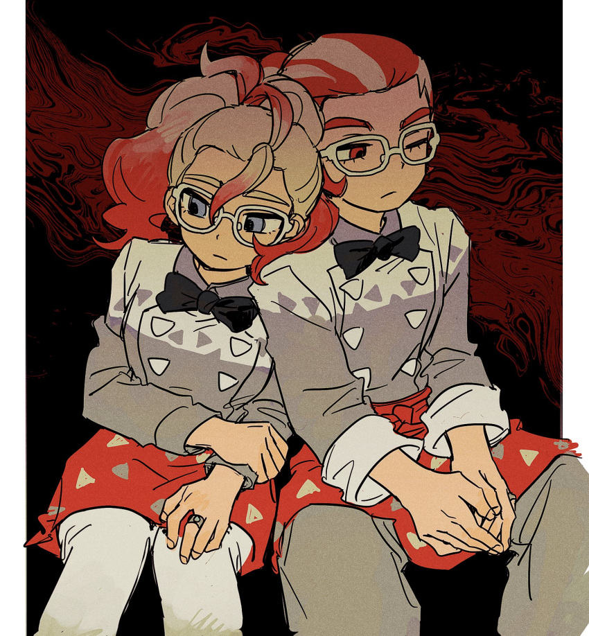 0pkmn, 1boy, 1girl, averting_eyes, black_bow, black_bowtie, bow, bowtie