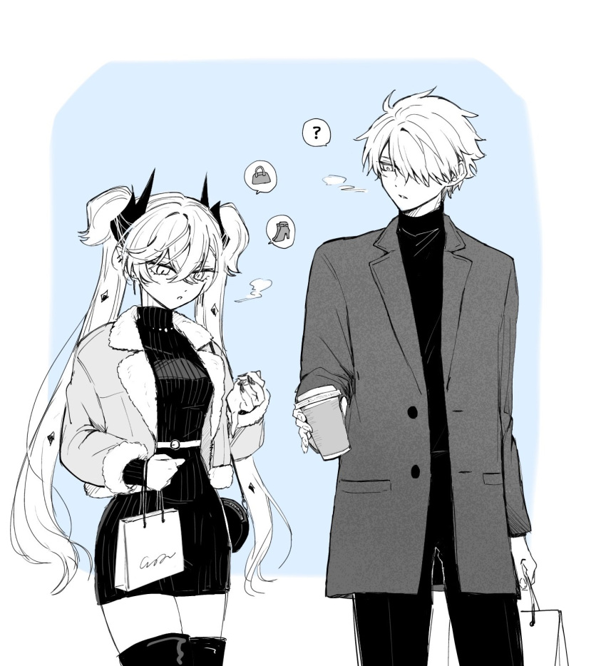 1boy, 1girl, boots, breasts, cup, demon_horns, disposable_coffee_cup, disposable_cup, fate/grand_order, fate_(series), galahad_(fate), greyscale, highres, horns, jacket, large_breasts, lilith_(fate), long_hair, mo_(aabx315), monochrome, short_hair, sweater, thigh_boots, twintails