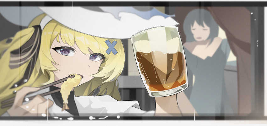 2girls, absurdres, beer_mug, blonde_hair, blue_eyes, chopsticks, commentary, cup