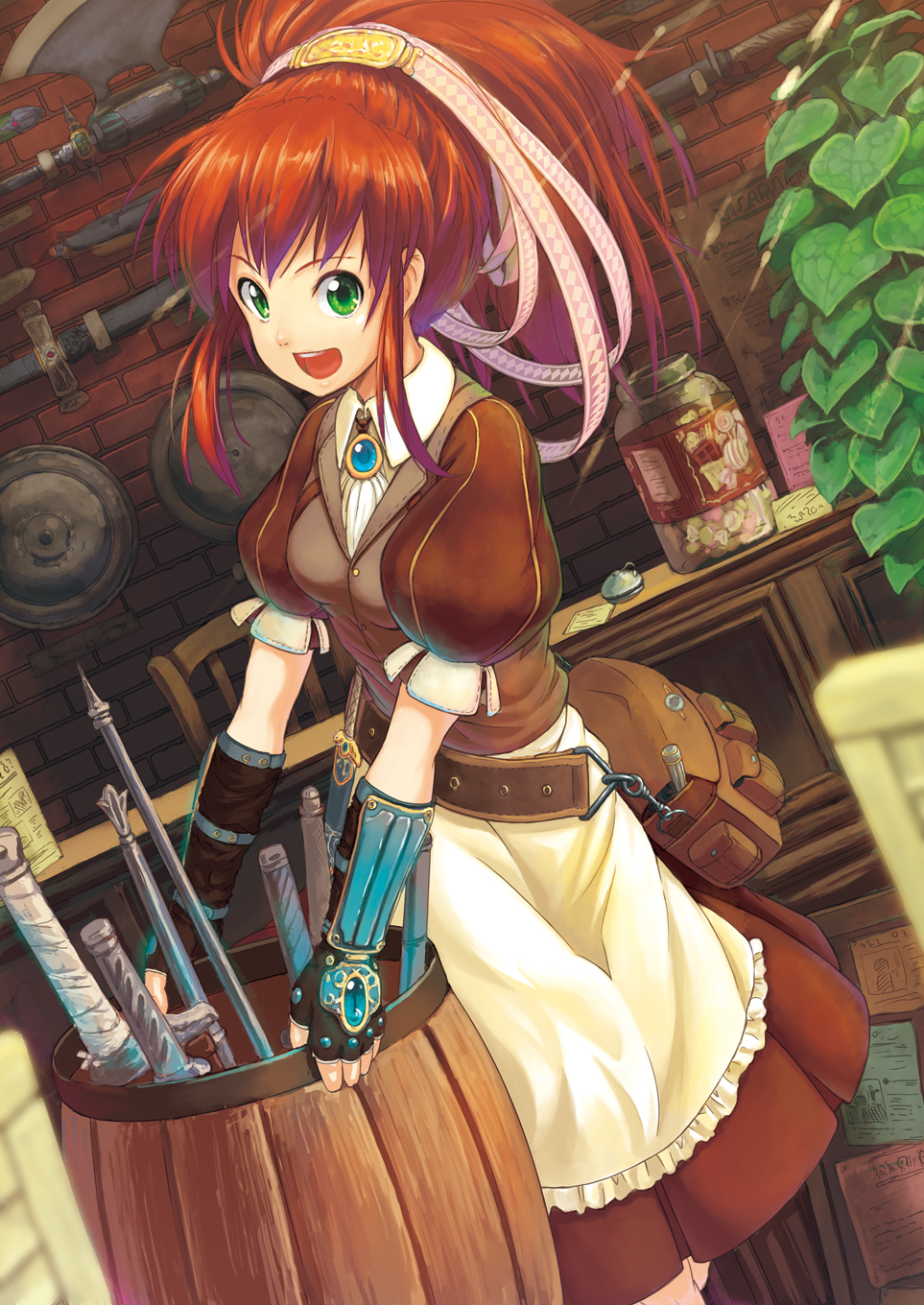 axe, bag, barrel, bell, brown_dress, candy, chair, counter