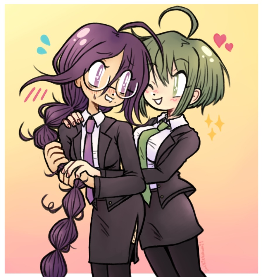 2girls, ahoge, alternate_costume, aqua_hair, black_jacket, black_pantyhose, black_skirt, blush, border, braid, breasts, collared_shirt, danganronpa_(series), danganronpa_another_episode:_ultra_despair_girls, dot_nose, drooling, eyelashes, fingernails, flying_sweatdrops, fukawa_toko, glasses, gradient_background, green_hair, green_necktie, hair_between_eyes, hand_on_another's_hand, hand_on_another's_shoulder, heart, holding, holding_own_hair, jacket, jackie_kawaii, long_hair, long_sleeves, messy_hair, mole, mole_under_mouth, mouth_drool, multiple_girls, naegi_komaru, necktie, nose_blush, one_eye_closed, open_clothes, open_jacket, open_mouth, pantyhose, purple_hair, purple_necktie, shirt, short_hair, sidelocks, simple_background, single_braid, skirt, smile, sparkle, suit, sweatdrop, very_long_hair, violet_eyes, white_border, white_shirt, yuri