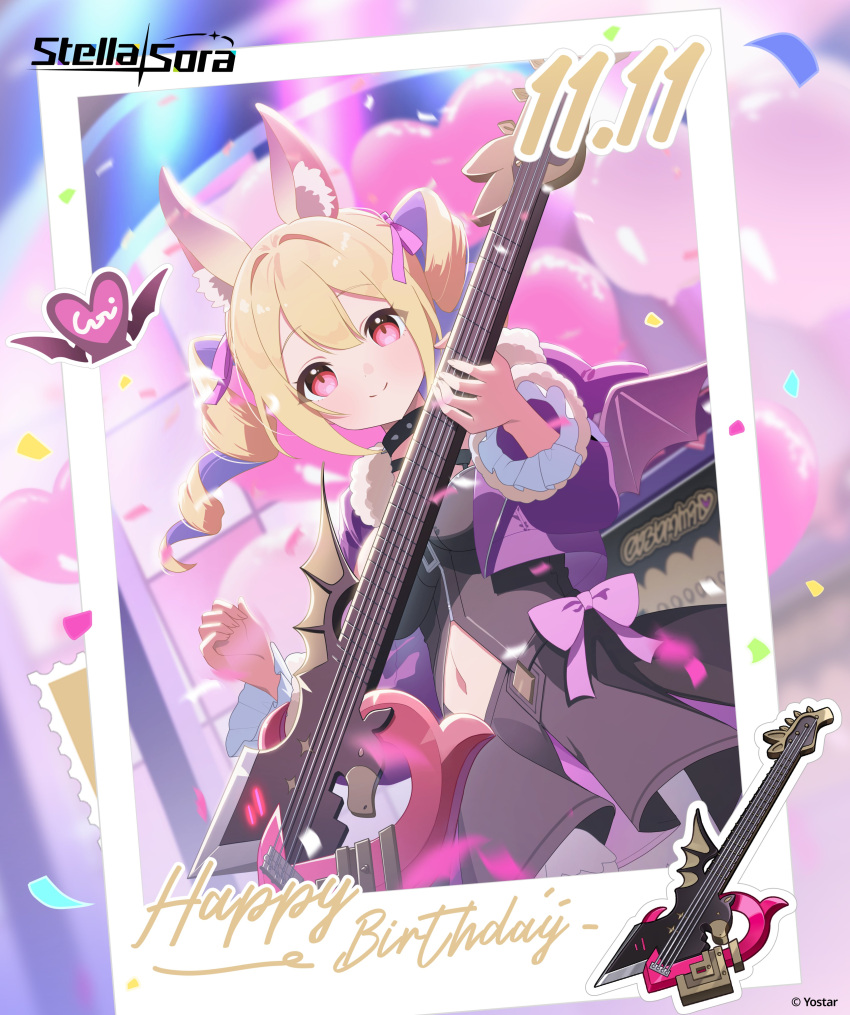 1girl, absurdres, animal_ear_fluff, animal_ears, balloon, bass_guitar, bat_ears, bat_wings