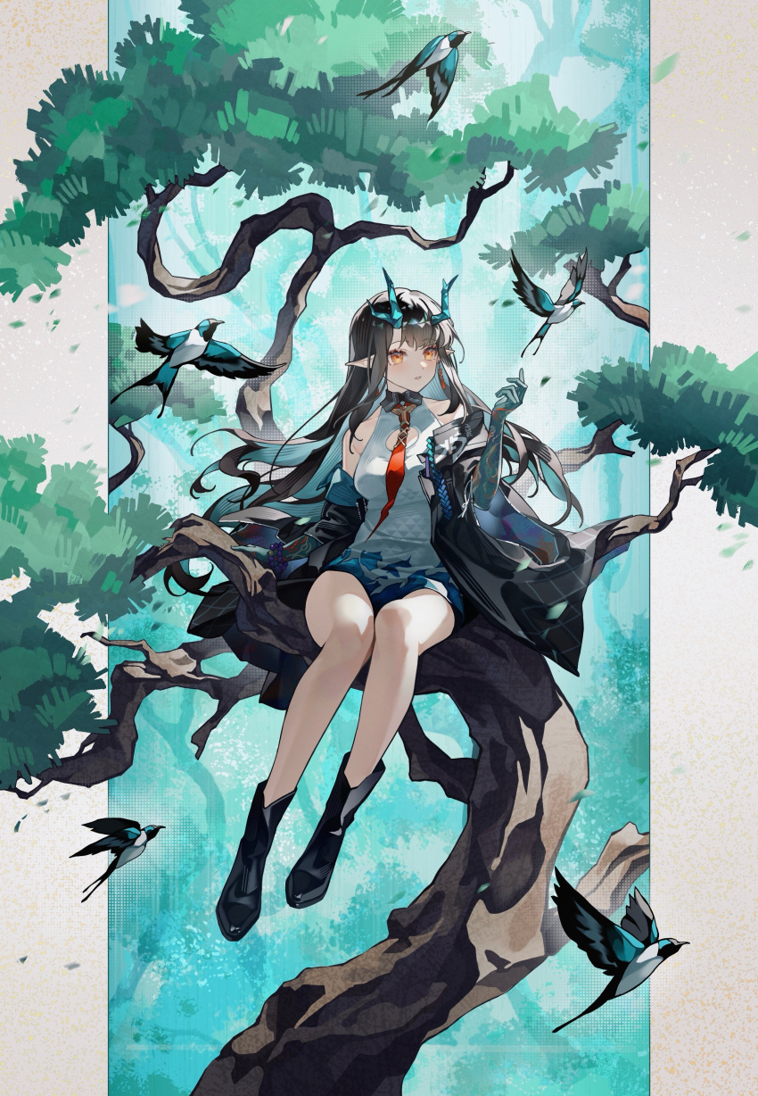 1girl, absurdres, aqua_horns, aqua_skin, arknights, bird, black_boots, black_hair