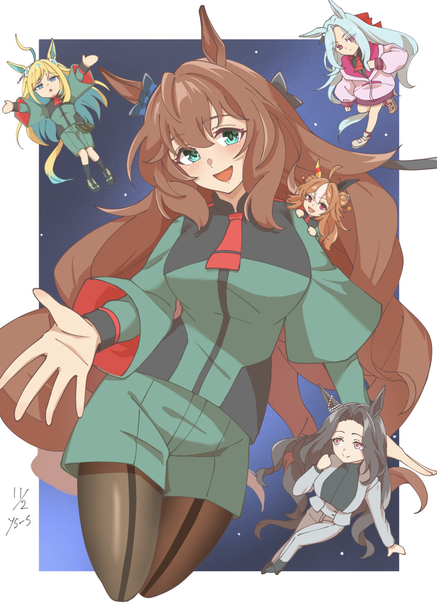 5girls, absurdres, ahoge, animal_ears, aqua_hair, arms_up, asticassia_school_uniform, black_bow